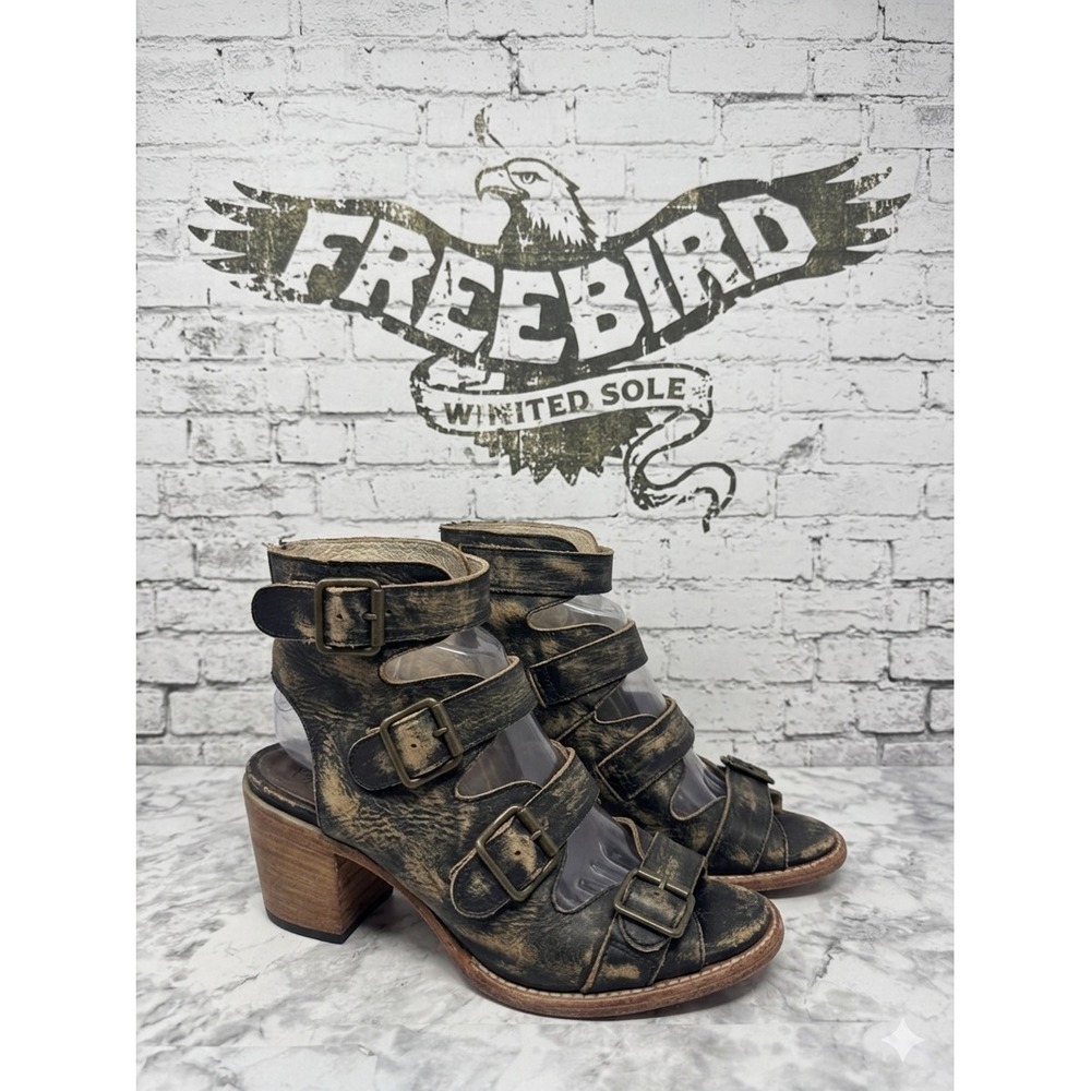 Freebird 🖤Steven Quail Distressed Black Leather Multi-Strap Buckle‎ Sandals 10